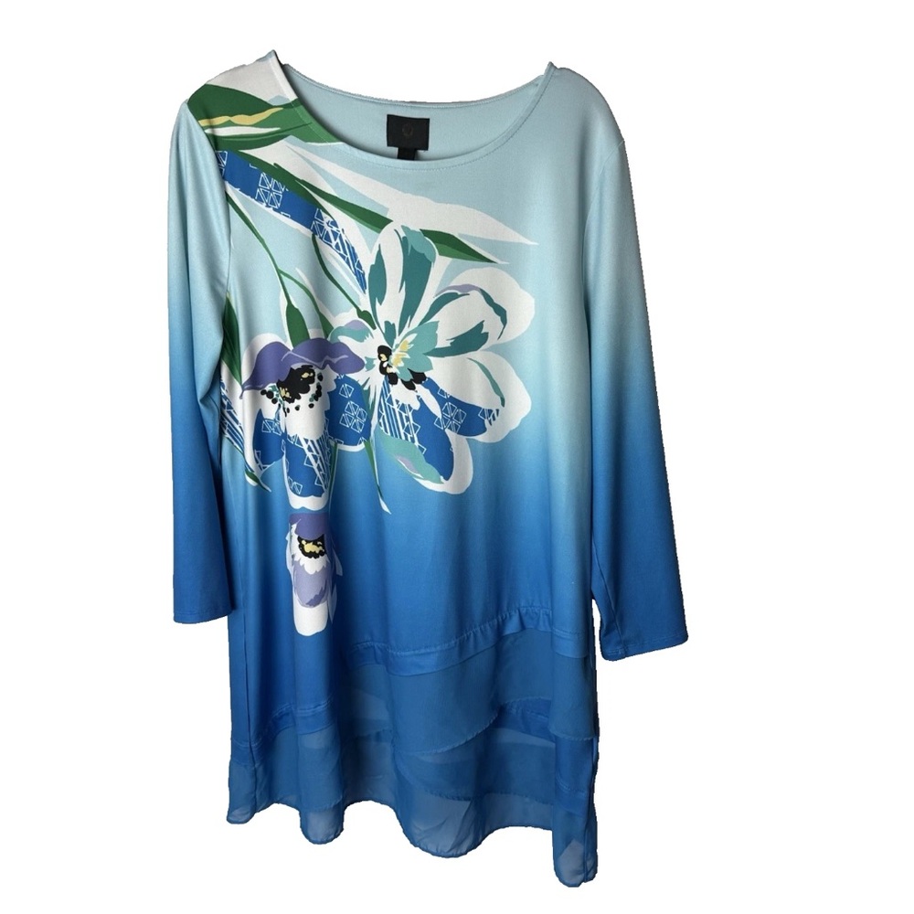 JM Collection Tunic Top Size Medium Bloom Delight Floral Ombre 3/4 Sleeves